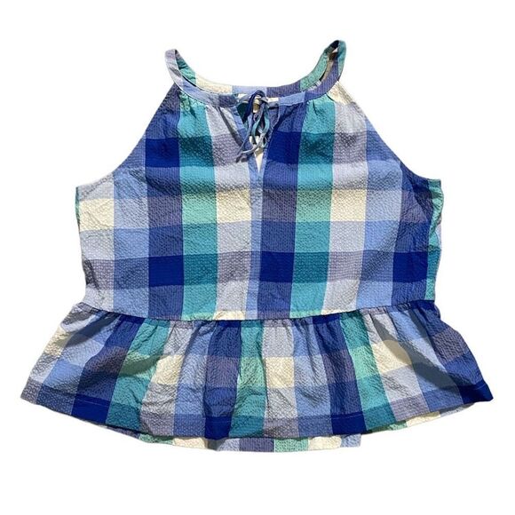 LOFT Blue Plaid Keyhole Peplum Lightweight Halter Top NWT Size Extra Large - Picture 3 of 7
